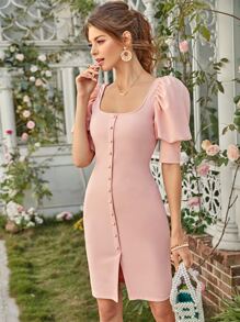 SHEIN Square Neck Puff Sleeve Button Detail Dress - Baby Pink - View 5