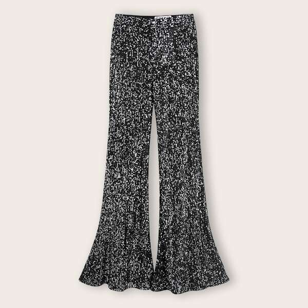 

Sequin Elastic Waist Flare Pants, Black and white