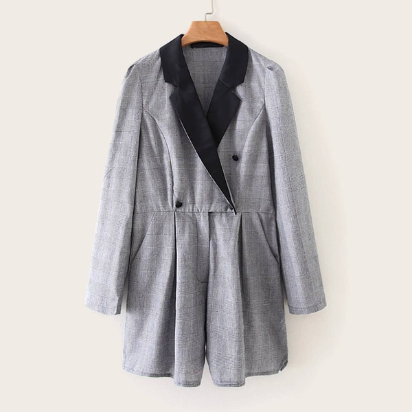

Lapel Collar Plaid Blazer Romper, Grey