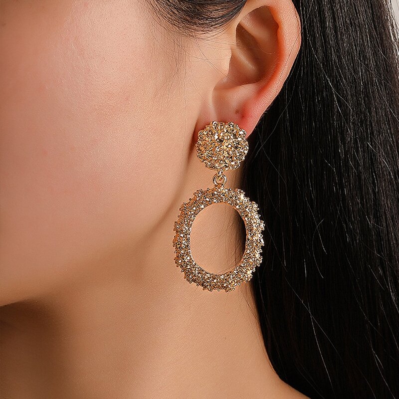 

1pair Textured Round Drop Earrings, Gold