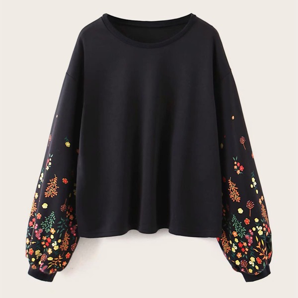 

Plants Print Bishop Sleeve Sweatshirt, Black