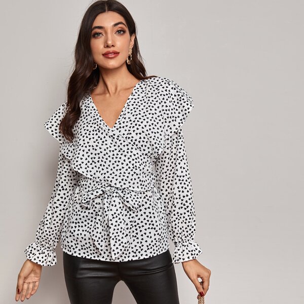 

Confetti Heart Print Ruffle Trim Self Tie Blouse, Black and white