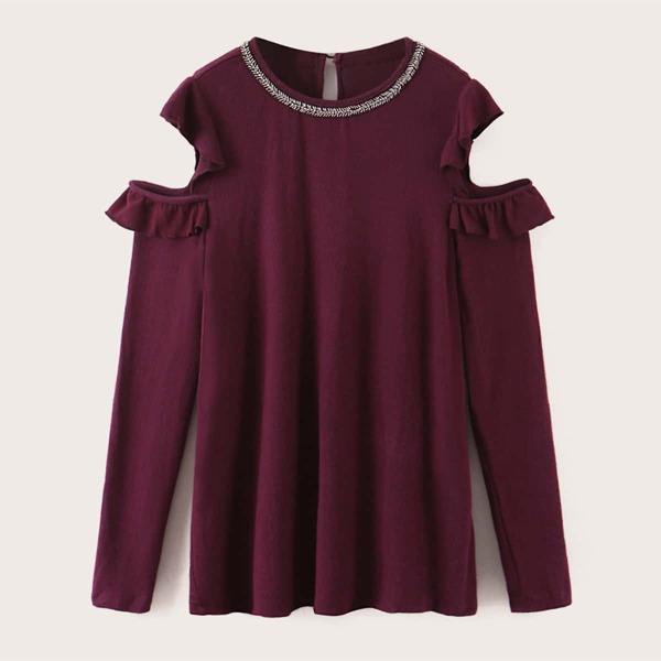 

Rhinestone Ruffle Trim Open Shoulder Tee, Burgundy