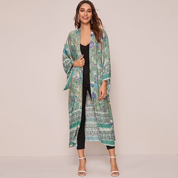 

Floral And Tribal Print Self Tie Abaya, Multicolor