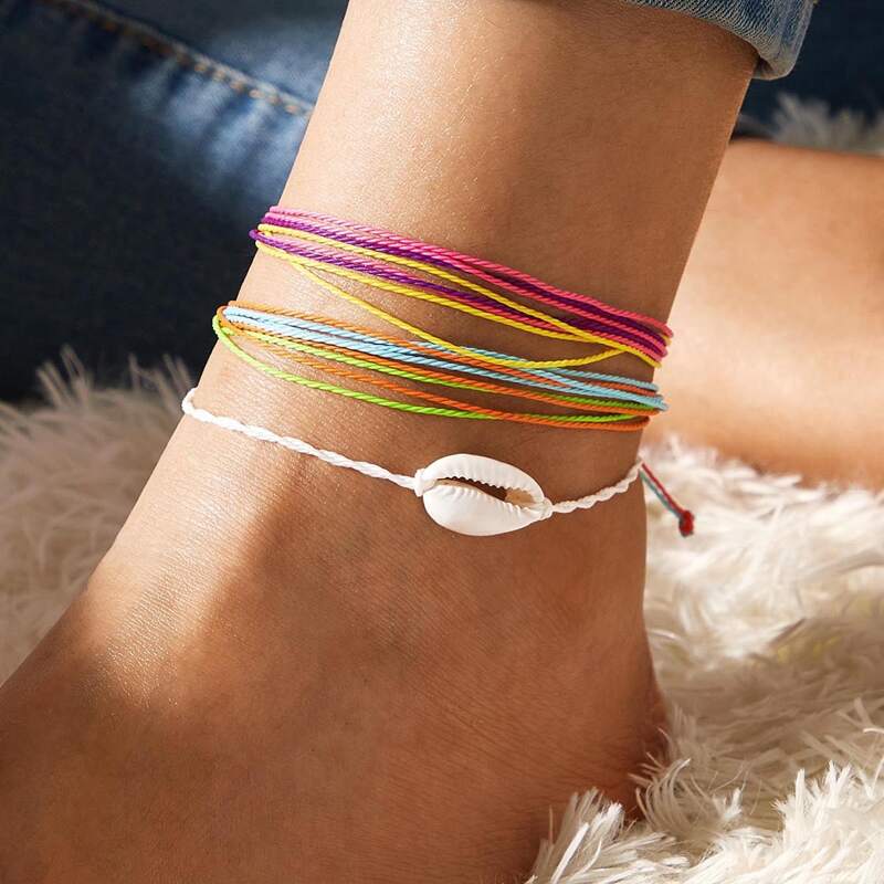 

3pcs Shell Decor String Anklets, Multicolor