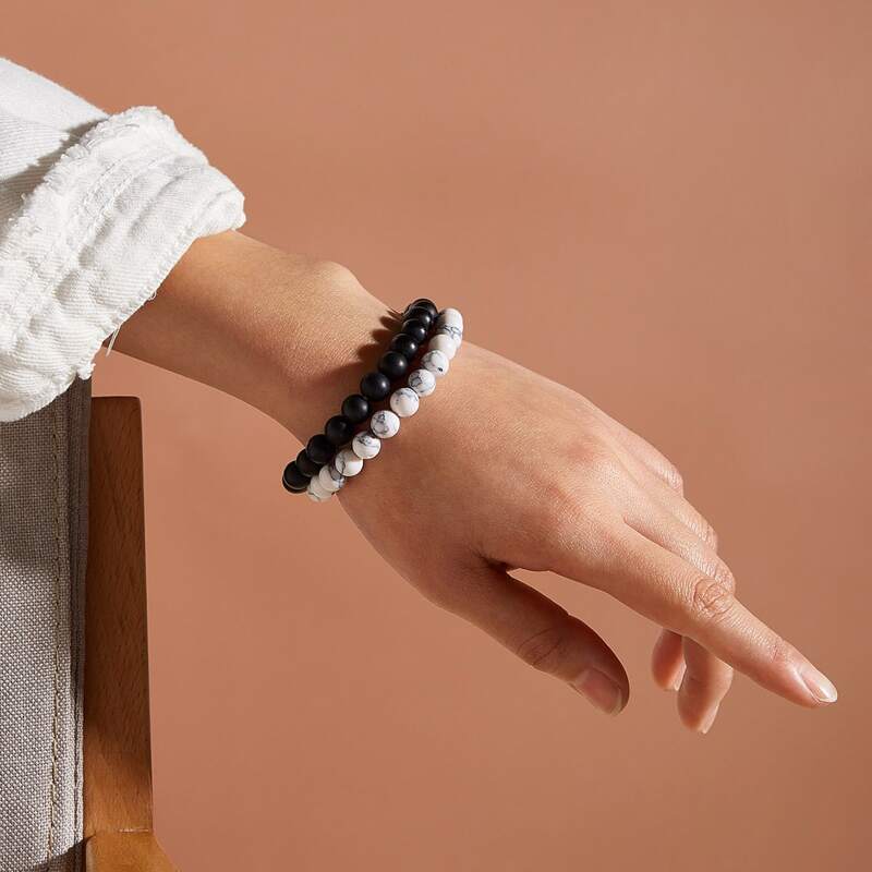 

2pcs Marble Pattern Beaded Bracelet, Black and white