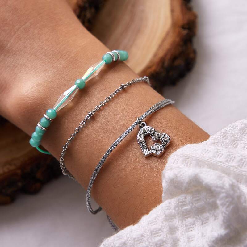 

3pcs Rhinestone Engraved Heart & Bead Decor Bracelet, Multicolor