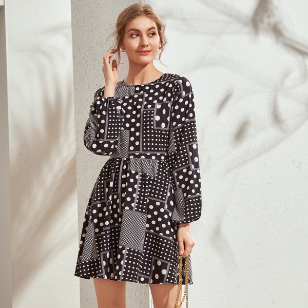 

Polka Dot Square Print A-line Dress, Black and white
