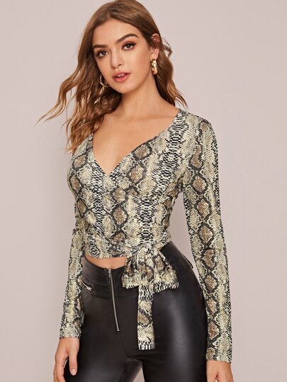 Snakeskin Fitted Tie Front Wrap Top