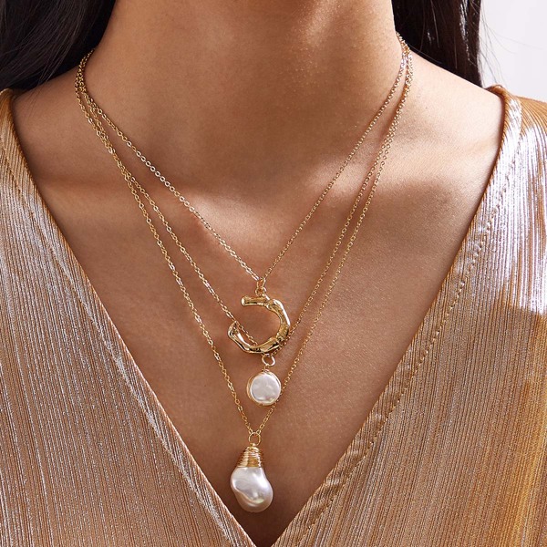 

1pc Faux Pearl & Bamboo Joint Charm Layered Necklace, Gold