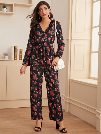 Floral Print Ruffle Trim Belted Jumpsuit