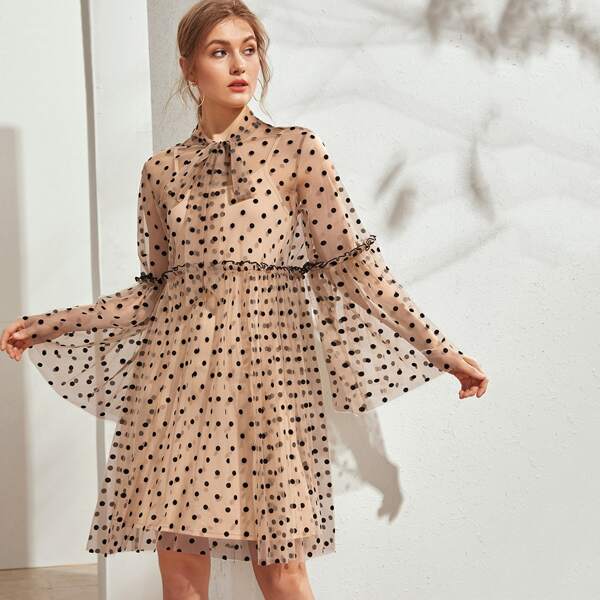 

Tie Neck Polka Dot Sheer Dress With Cami Dress, Apricot