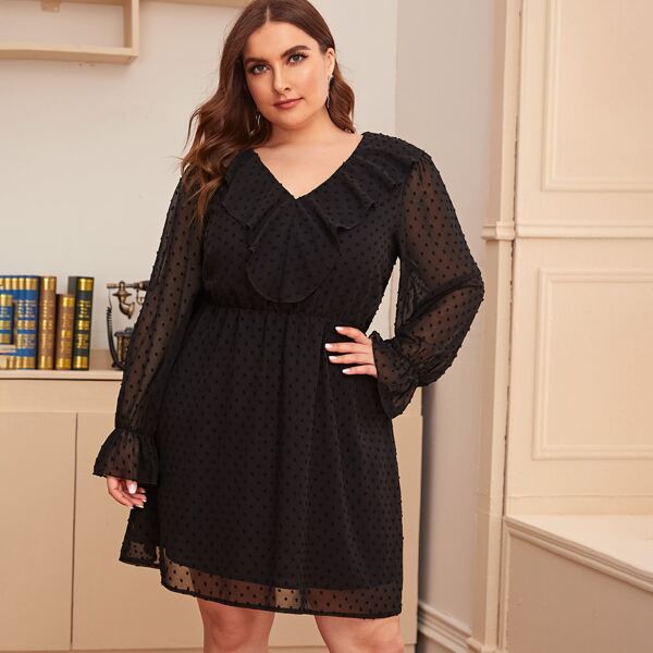 

Plus Swiss Dot Ruffle Trim A-line Dress, Black