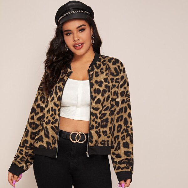 

Plus Leopard Print Zip Up Bomber Jacket, Multicolor