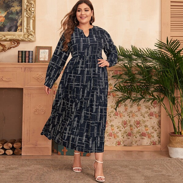 

Plus Notch Neck Geo Print A-line Dress, Black
