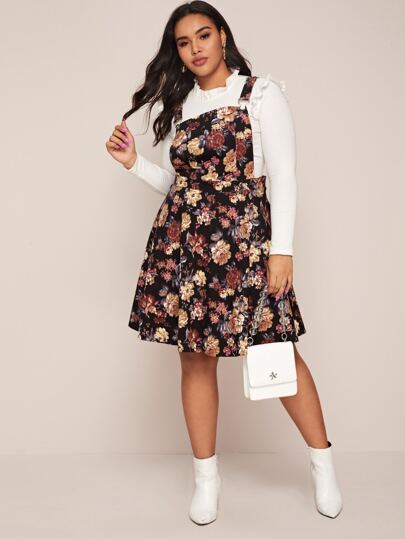 Plus Floral Print Denim Overall Dress
