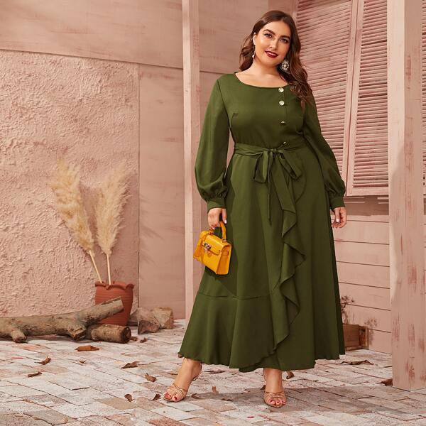 

Plus Lantern Sleeve Ruffle Detail Belted Dress, Army green