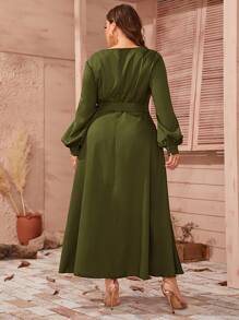 SHEIN Plus Lantern Sleeve Ruffle Detail Belted Dress - Army Green - View 2