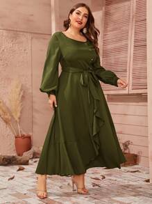 SHEIN Plus Lantern Sleeve Ruffle Detail Belted Dress - Army Green - View 3