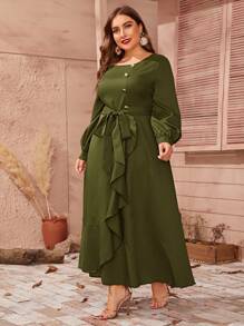 SHEIN Plus Lantern Sleeve Ruffle Detail Belted Dress - Army Green - View 4