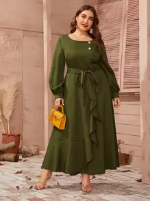 SHEIN Plus Lantern Sleeve Ruffle Detail Belted Dress - Army Green - View 1
