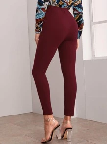 SHEIN Privé Belted Self-Tie Skinny Pants - Burgundy - View 2