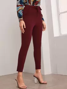 SHEIN Privé Belted Self-Tie Skinny Pants - Burgundy - View 3