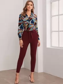 SHEIN Privé Belted Self-Tie Skinny Pants - Burgundy - View 5
