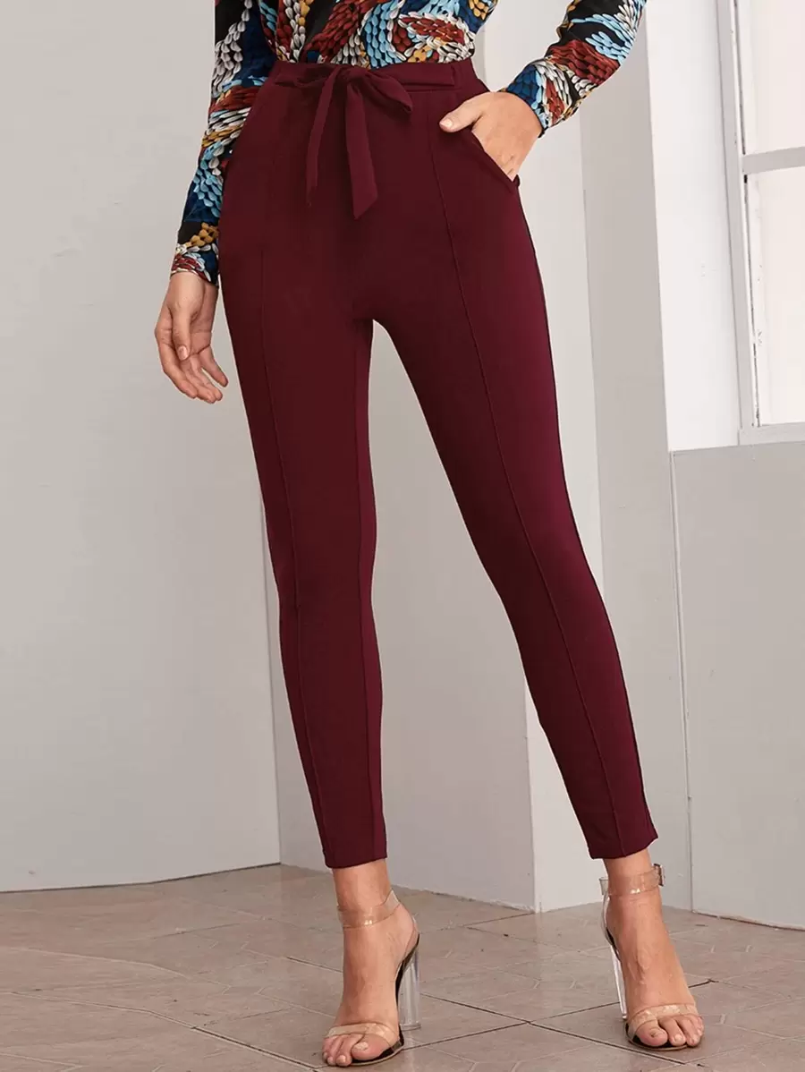 SHEIN Privé Belted Self-Tie Skinny Pants - Burgundy - View 1