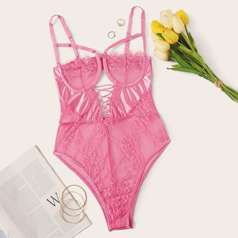 

Crisscross Floral Lace Harness Teddy Bodysuit, Pink