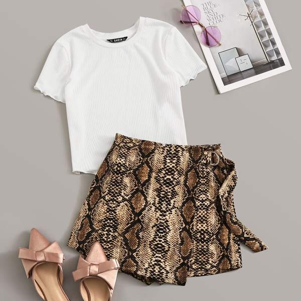 

Lettuce Trim Rib-knit Top & Snakeskin Print Skort Set, Multicolor