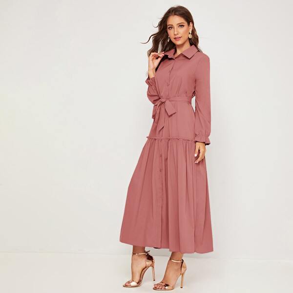 

Self Tie Ruffle Hem Shirt Dress, Pink
