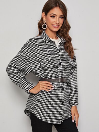 Houndstooth Print Tweed Coat Without Belt