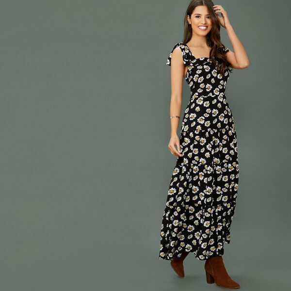 

Sleeveless Tie Straps Shirred Floral Maxi Dress, Black