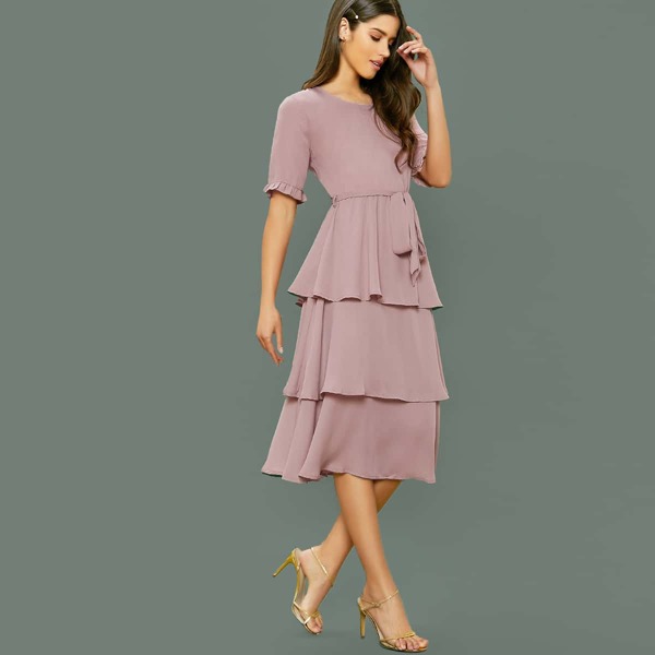 

Tiered Ruffle Short Sleeve Waist Tie Midi Dress, Purple