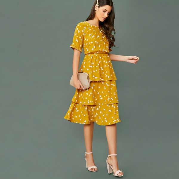 

Tiered Ruffle Short Sleeve Floral Midi Dress, Yellow