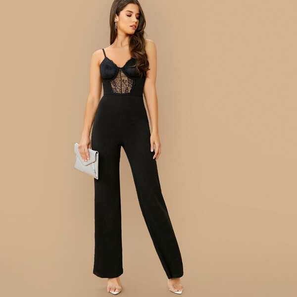 

Sleeveless Lace Bodice Wide Leg Jumpsuit, Black