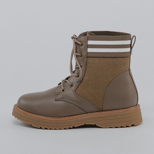 

Lace Front Canvas Detail Stripe Combat Boots, Mocha brown