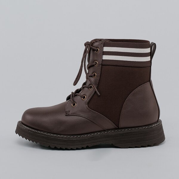 

Lace Up Side Goring Stripe Military Boots, Chocolate brown