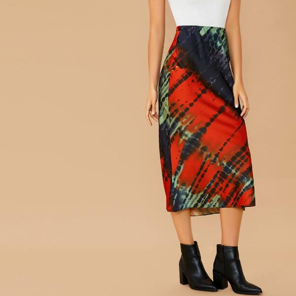 

Elastic Waist Two Tone Tie Dye Satin Midi Skirt, Multicolor