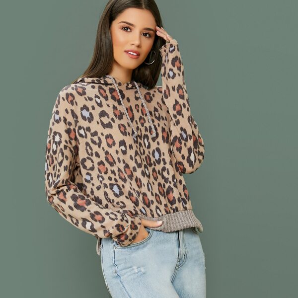 

Brushed Knit Leopard Hooded Sweatshirt, Multicolor