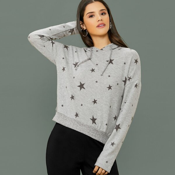 

Brushed Knit Star Print Hooded Sweatshirt, Grey