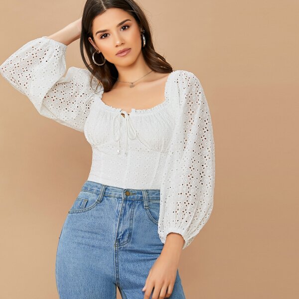 

Bustier Detail Eyelet Embroidered Milkmaid Top, White