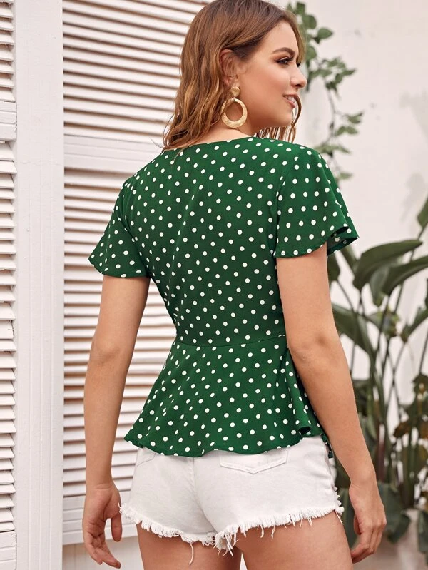 Camisa peplum de lunares girante delantero | Mode de Mujer Camisa peplum de lunares girante delantero | Mode de Mujer