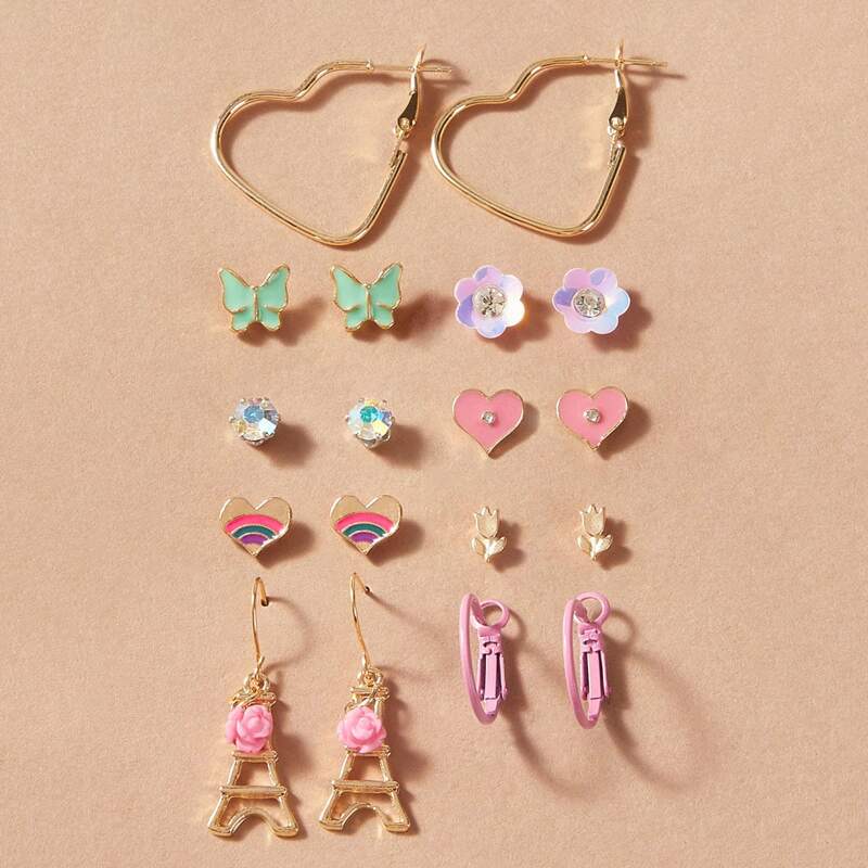 

9pairs Heart Drop & Flower Stud Earrings Set, Gold
