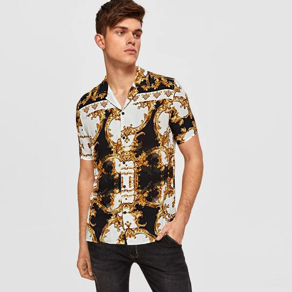 

Men Scarf Print Revere Collar Shirt, Multicolor