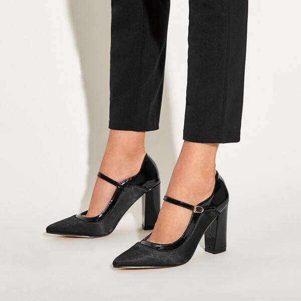 

Point Toe Ankle Strap Chunky Heels, Black