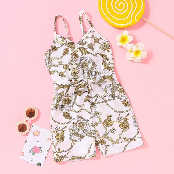 

Toddler Girls Chain Print Belted Cami Jumpsuit, Multicolor