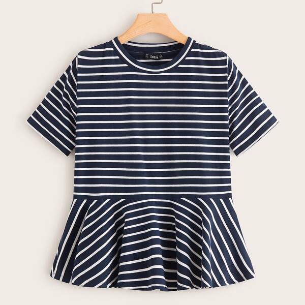 

Plus Ruffle Hem Striped Tee, Navy blue