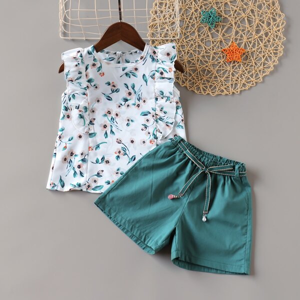 

Toddler Girls Ruffle Floral Blouse With Belted Shorts, Multicolor